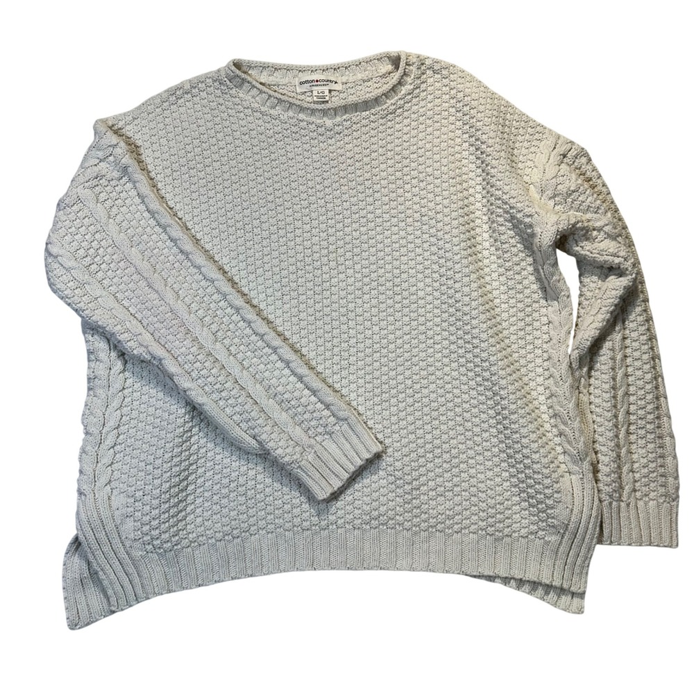 Cotton Country Sweater‎ Womens L Cream Textured Cable Knit Coastal Grandma Cozy